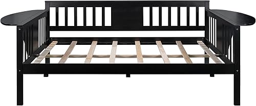 Miniatura 5 de JIVOIT Sofá cama de tamaño matrimonial con estantes plegables en ambos lados marco de madera con soporte de listones de madera y pasamanos cama SOFE