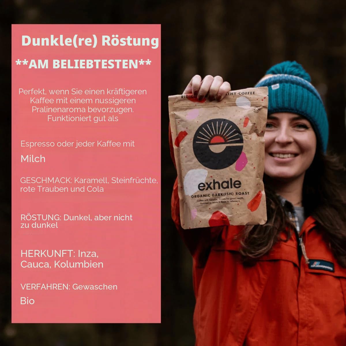 EXHALE Bio Kaffee Gemahlen (450g), 100% Arabica, Mykotoxinfrei & Polyphenolreich Für Mokka, Filterkaffee & AeroPress (Dunkle Röstung)