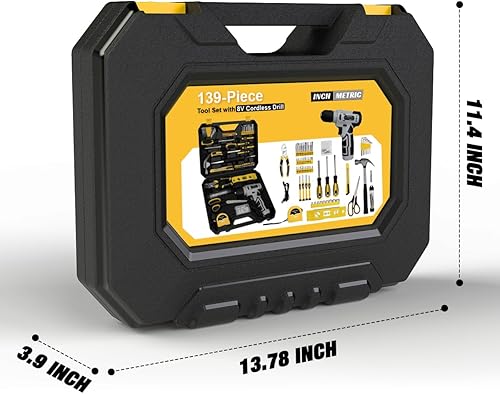 Miniatura 8 de Juego de herramientas de 139 piezas  Kit de herramientas con taladro inalámbrico de 8 V en caja de herramientas, juego de taladros domésticos
