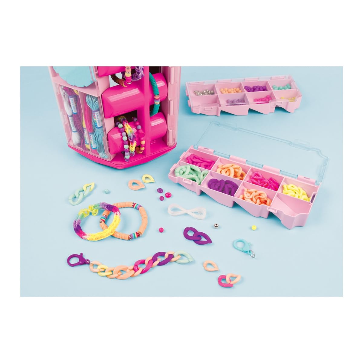Make It Real 1754 Torre dei Gioielli 5 in 1 – Kit Creativo con 1600 Pezzi per Creare 40+ Gioielli – Braccialetti, Collane, Elastici e Perline – Con Vassoi Girevoli e Supporto Espositore