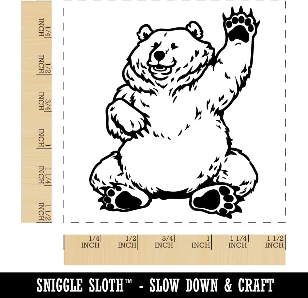 Charmingly Chubby Waving Bear Self-Inking Rubber Stamp Ink Stamper - 1-1/2 Inch Large - Red Ink