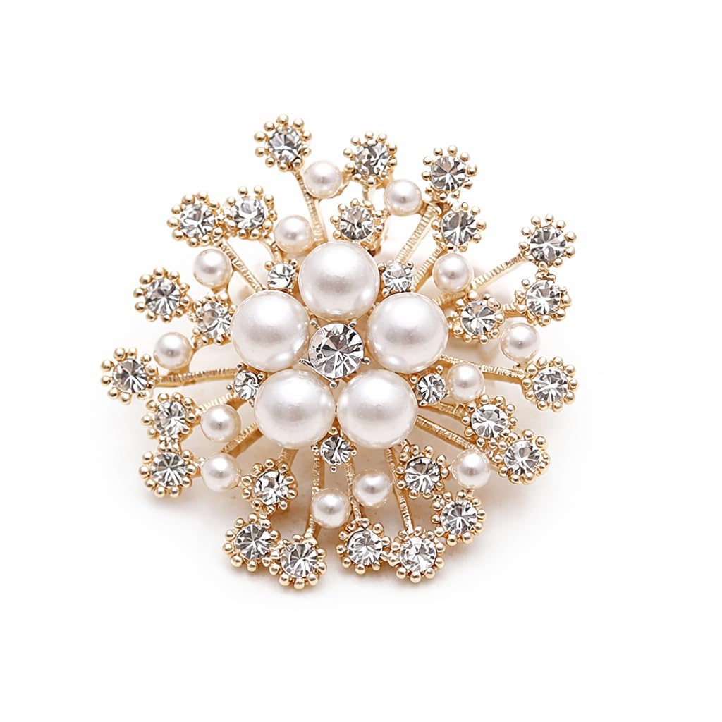 prm Elegant Pearl & Crystal Snowflake Brooch Pin for Women, Gold Tone Rhinestone Floral Statement Jewelry for Wedding, Dress, Coat Accessories Pack Of 1-picture-0