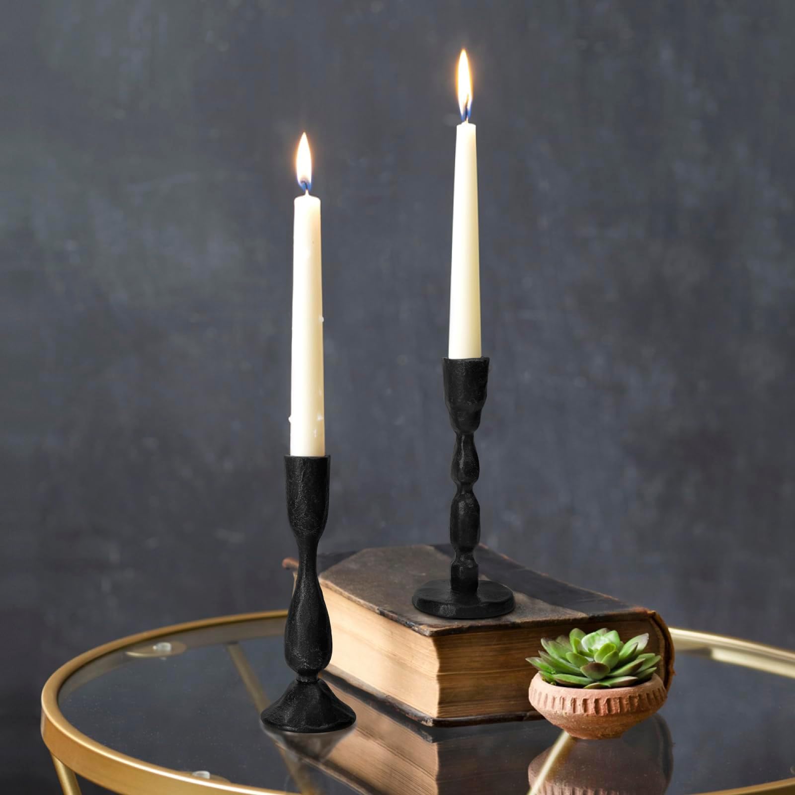 Handcrafted Antique Black Iron Taper Candle Holders Set