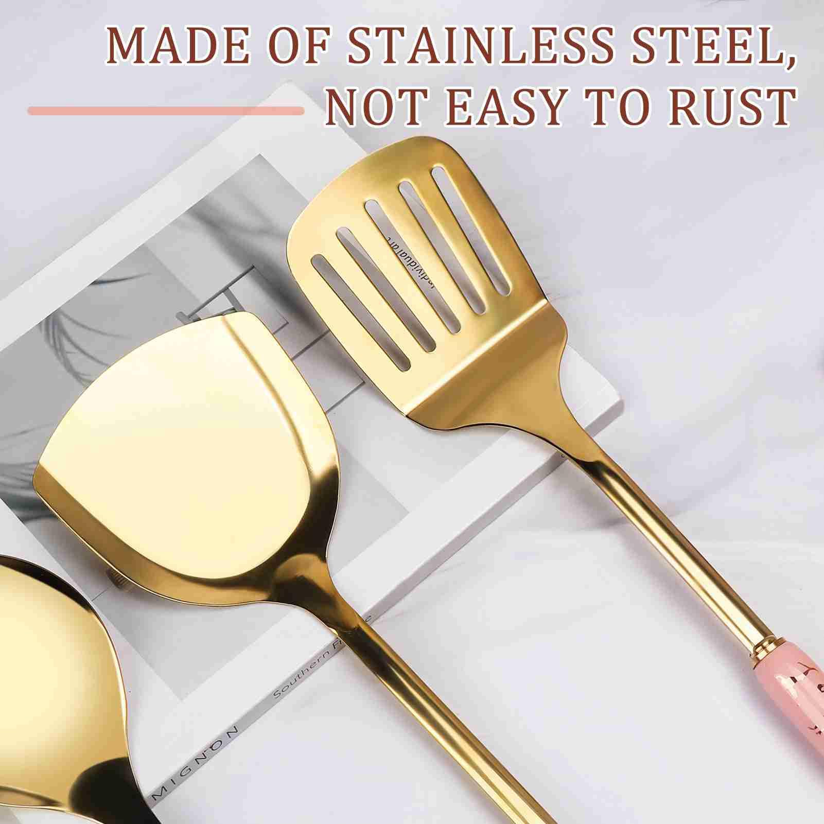 Luocute Set di Utensili da cocina da 7 Pezzi, Utensili da cocina in Acciaio Inossidabile con Manico in Ceramica con Design Lucidato a Specchio, per Uso Domestico Elegante Collisione di