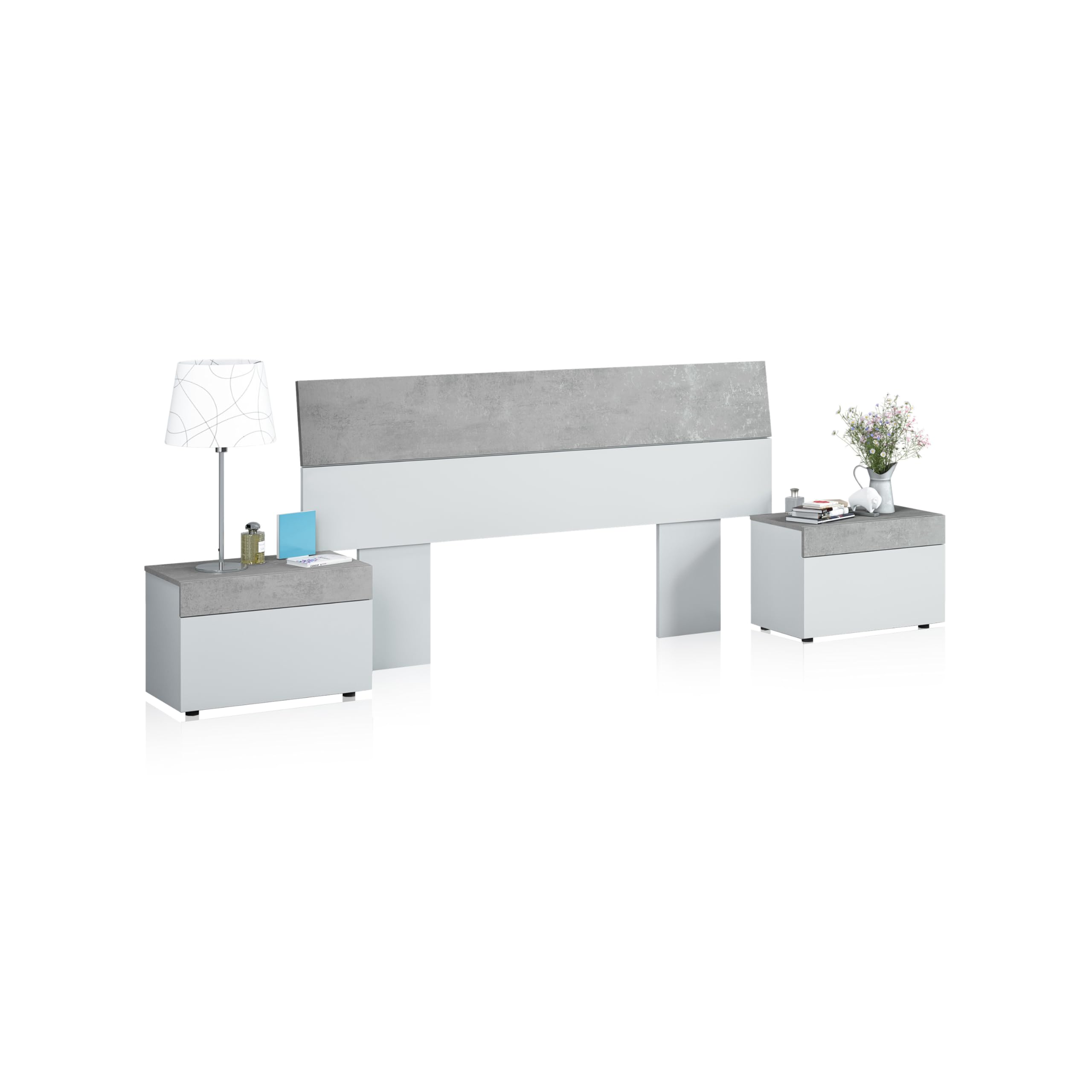 duehome | Cabecero con 2 mesitas, Dormitorio, Modelo Axel, Acabado en Blanco Artik y Gris Cemento, Medidas: 176 cm (Largo) x 96,5 cm (Alto)