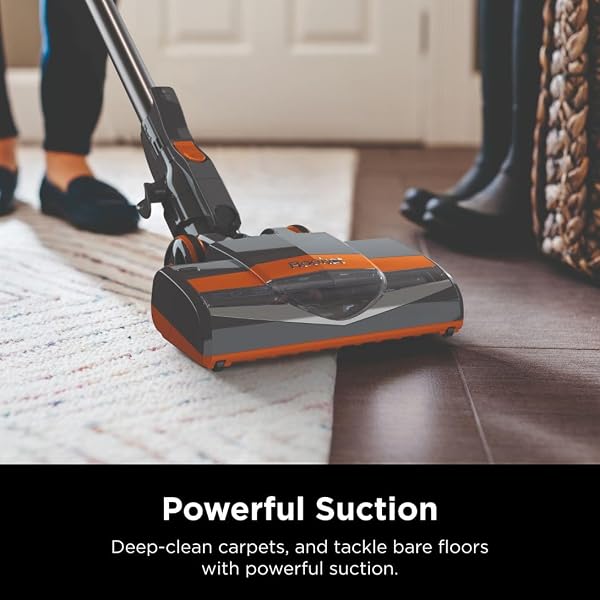 The Shark Rocket HV301 shown in upright mode, highlighting its slim profile and swivel steering head.