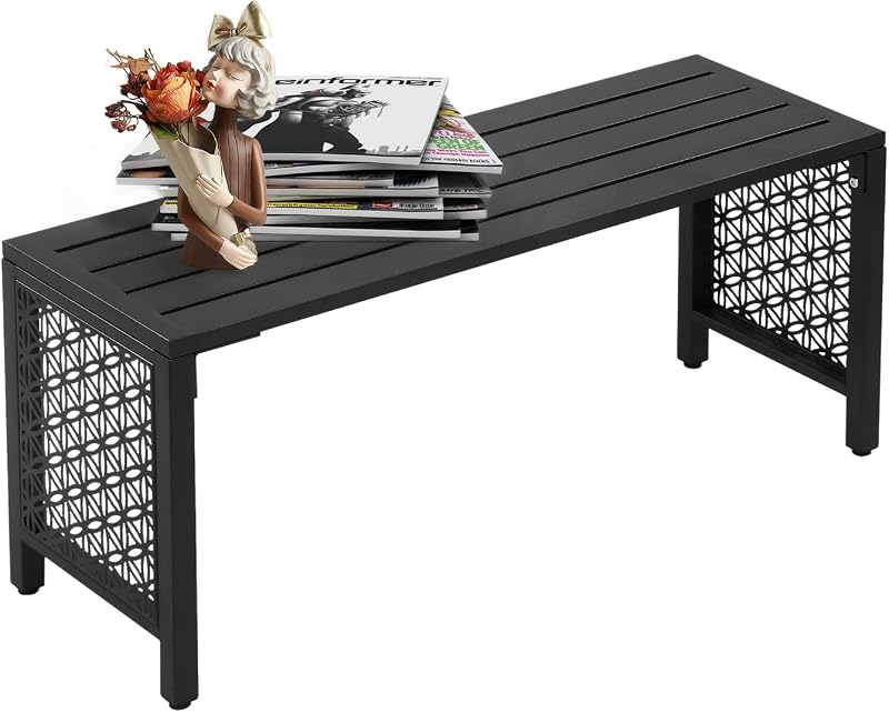 VINGLI Banco de metal para exteriores de 40 pulgadas, banco de patio sin respaldo para todo tipo de clima, con asiento de listones y paneles laterales florales, banco de jardín resistente al óxido, asientos al aire libre resistentes a la intemperie para porche, entrada y patio trasero (negro)