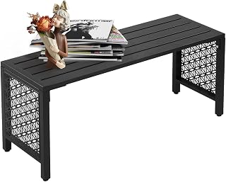 VINGLI Banco de metal para exteriores de 40 pulgadas, banco de patio sin respaldo para todo tipo de clima, con asiento de listones y paneles laterales florales, banco de jardín resistente al óxido, asientos al aire libre resistentes a la intemperie para porche, entrada y patio trasero (negro)