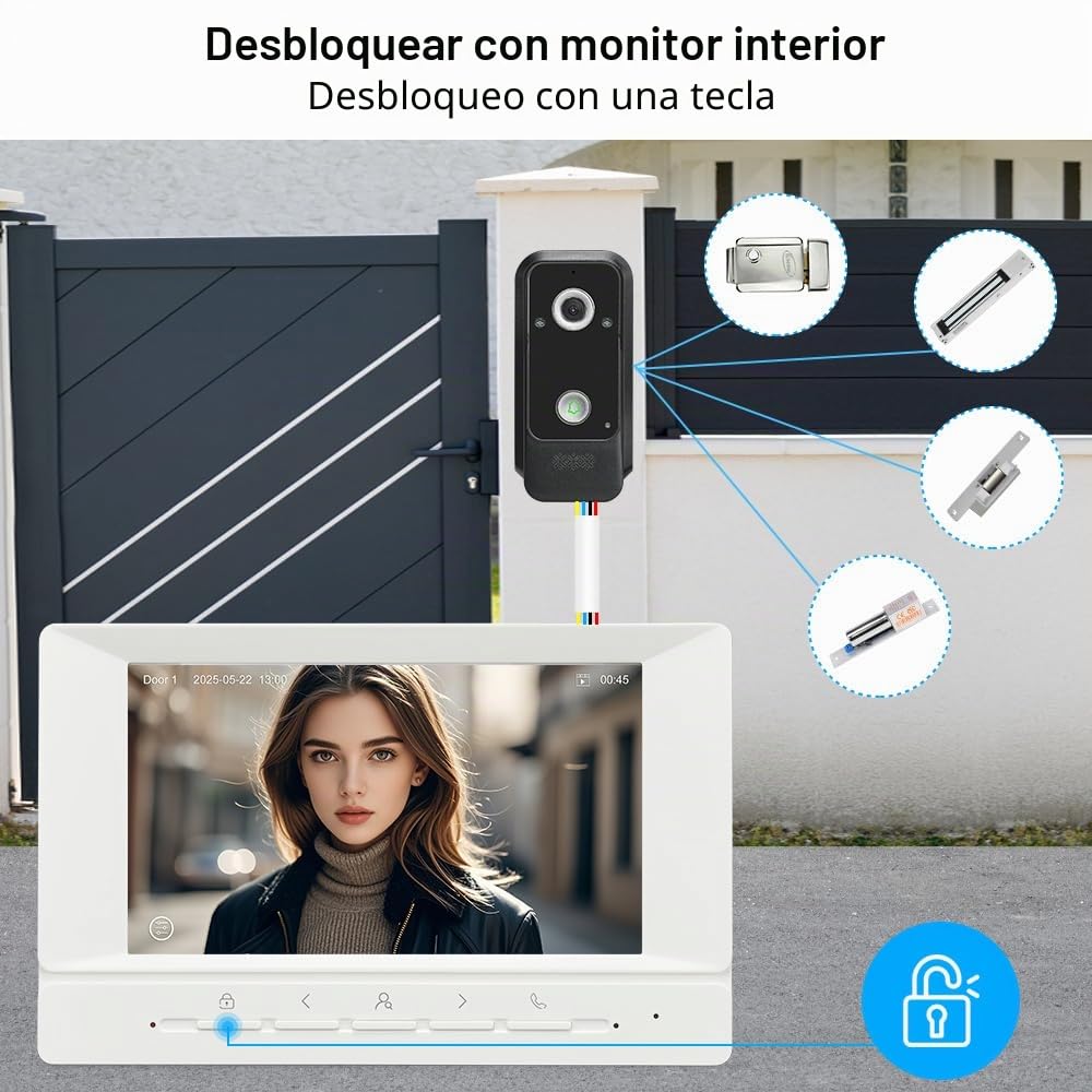 7 Zoll IPS Cable Sistema de Intercomunicación 1080P HD Videoportero, Timbre Vídeo Cámara Visión Nocturna y 2 Monitores Pantalla, Audio Bidireccional y Desbloqueo