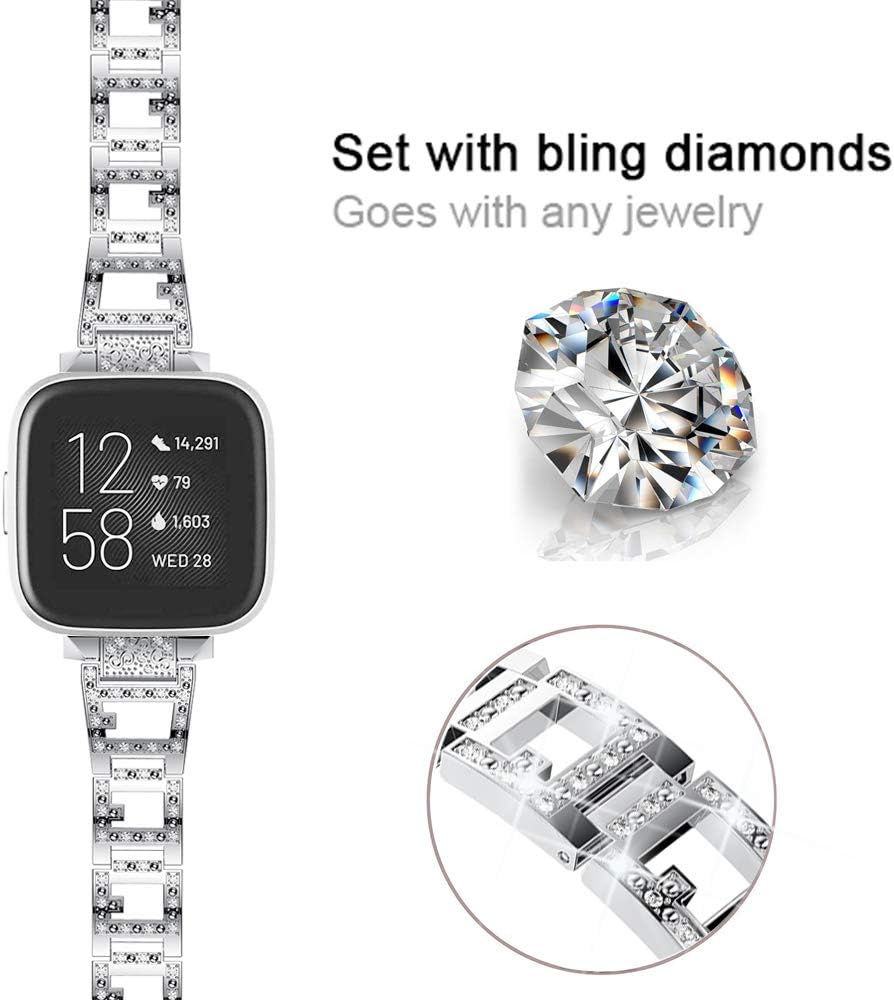 Mtozon Bling Bands Compatible with Fitbit Versa 2/Versa lite/Versa for Women, Dressy Bracelet Rhinestone Metal Wristband, Silver