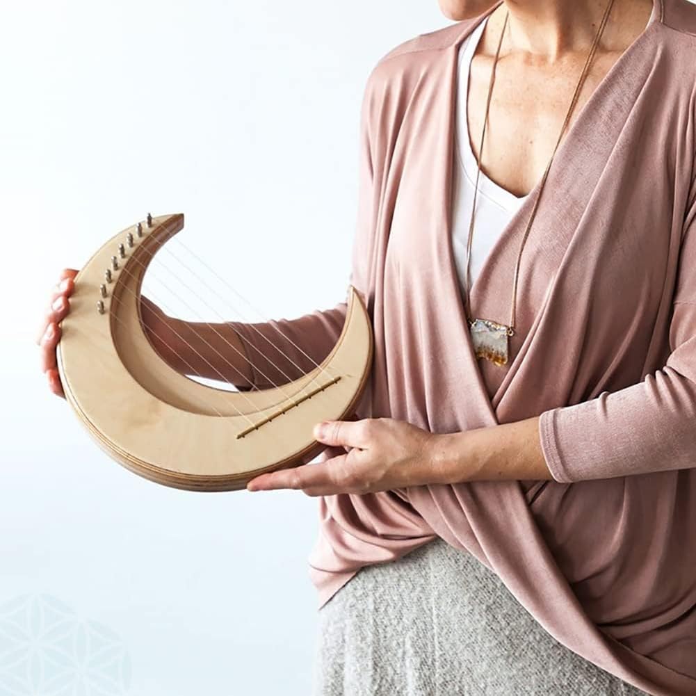 Forma di Luna Lyre Harp, Crescent Moon Shape Arpa in Legno Massiccio, Luna Piena Forma in Legno Strumento Musicale per Principianti, Olmo E Acero Corpo Lyre Harp