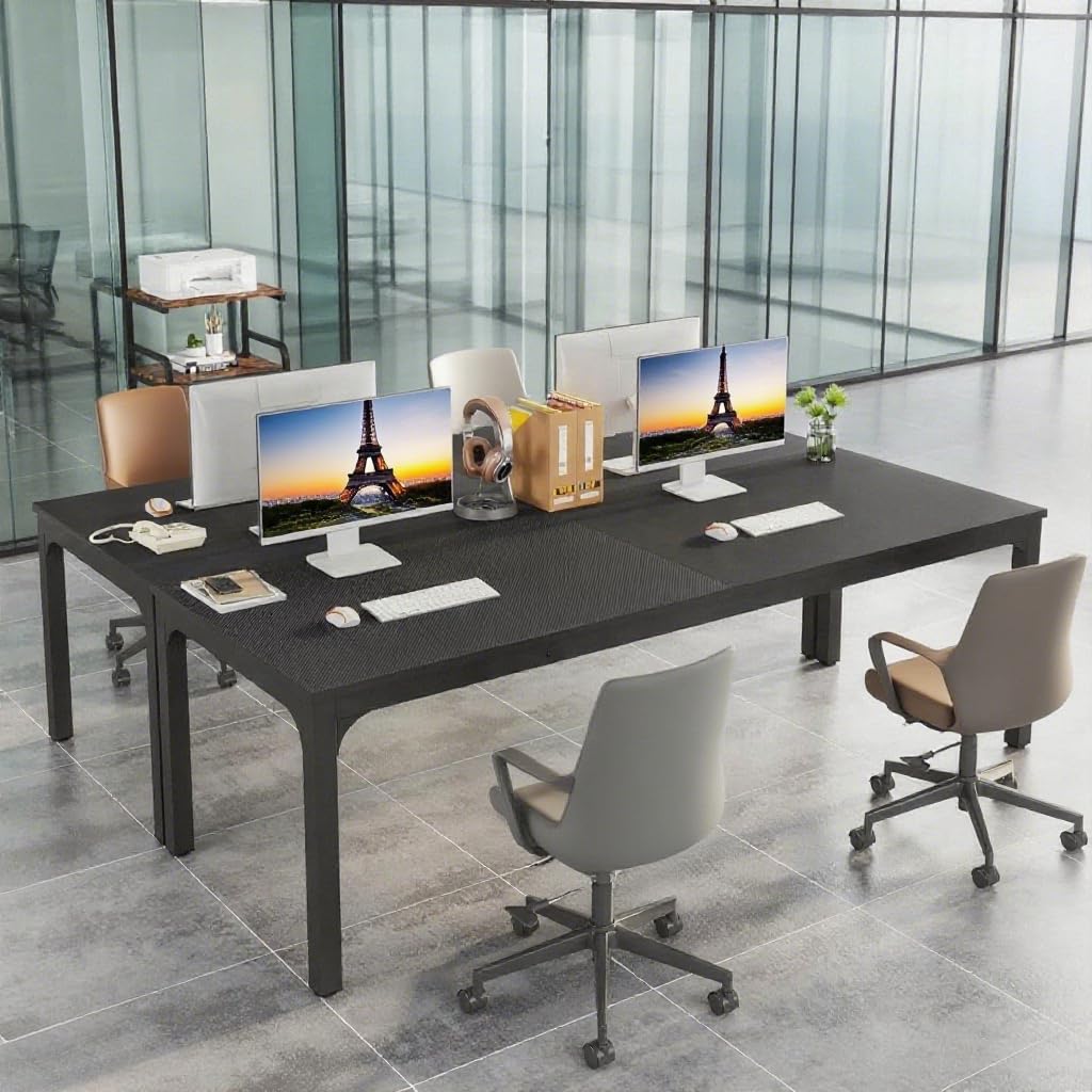 Escritorio de ordenador de 200 x 70 cm – Escritorio grande negro para 2 personas – Escritorio de estudio moderno con bandeja reforzada, ideal para estudiantes/teletrabajo