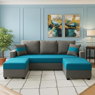 Furny Aurland 3 Seater Fabric Sofa Set with 2 Ottomans (Aqua Blue-Dark Grey) | Soft Velvet Fabric | Modern Design | Comfor... Price In India