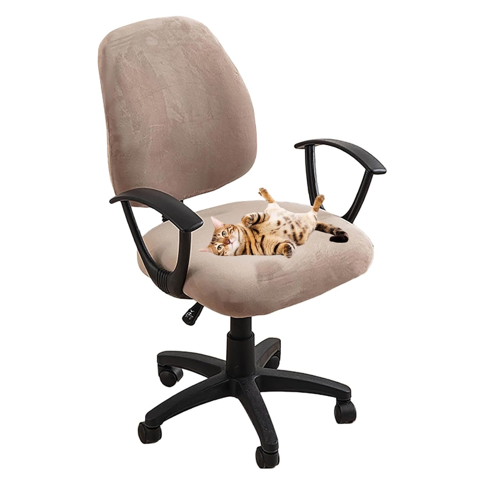 Guyirt Camel Velvet Plush Stretchable Office Computer Chair Cover, Split Office Chair Covers 2 Piece, Removable Washable Chair Seat Protector Slipcovers, For Dog, Cat, Kid (Camel)