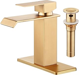 CREA Bathroom Faucet in Gold, Single Handle Waterfall Bathroom Sink Faucet Single Hole Lavatory Faucet Bathroom Vanity Faucet with Pop Up Drain for One or 3 Hole Sink