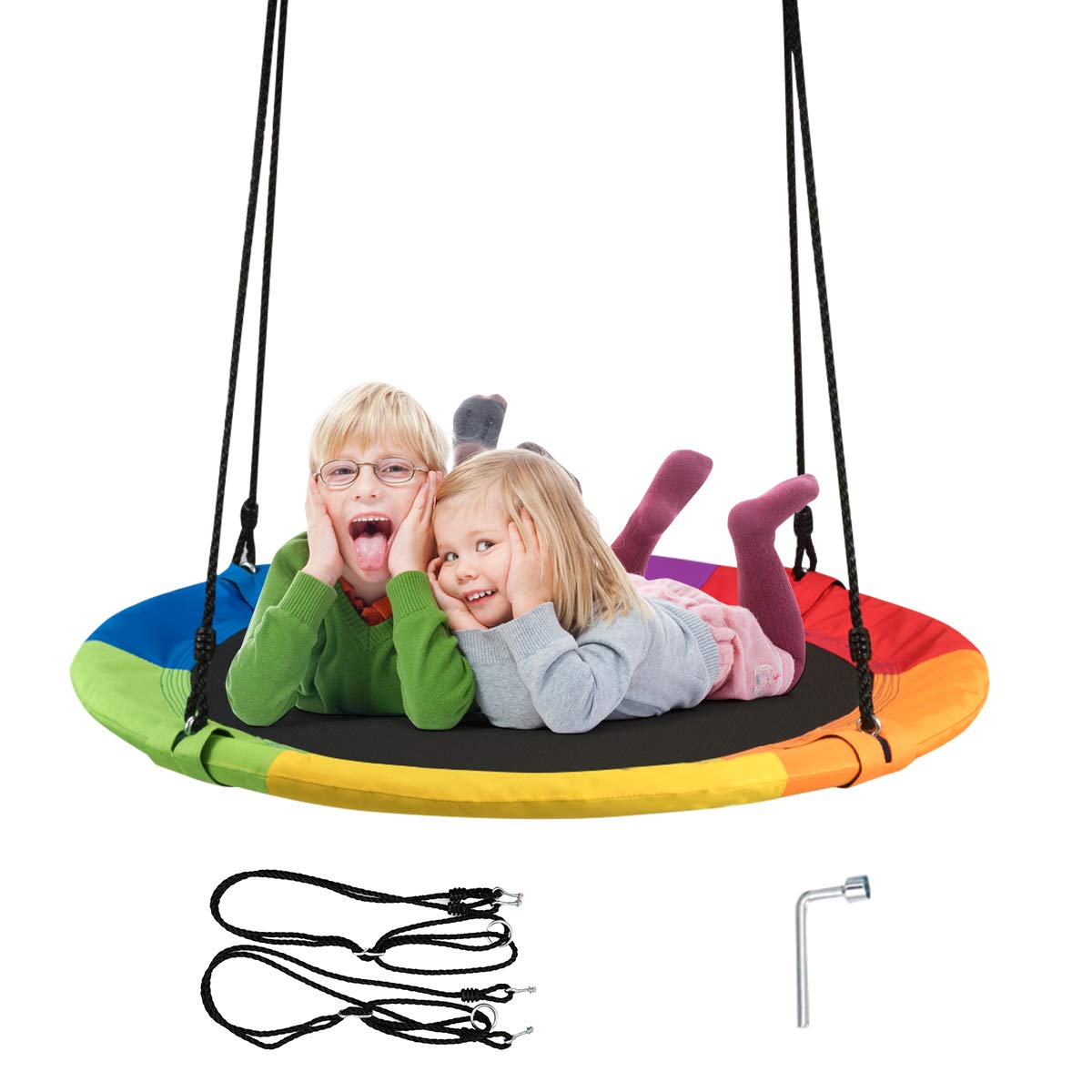 HONEY JOY 40 Inch Saucer Tree Swing, Indoor Outdoor Kids Swing Set,Height Adjustable Hanging Straps, Wear-Resistant & Water Proof Round Flying Saucer for Playground Backyard Playroom (Multicolor)