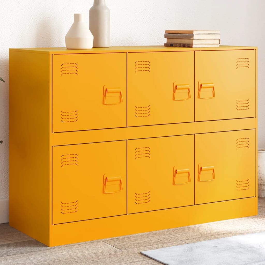 Credenza giallo senape, 99 x 39 x 73 cm, armadio in metallo, comò