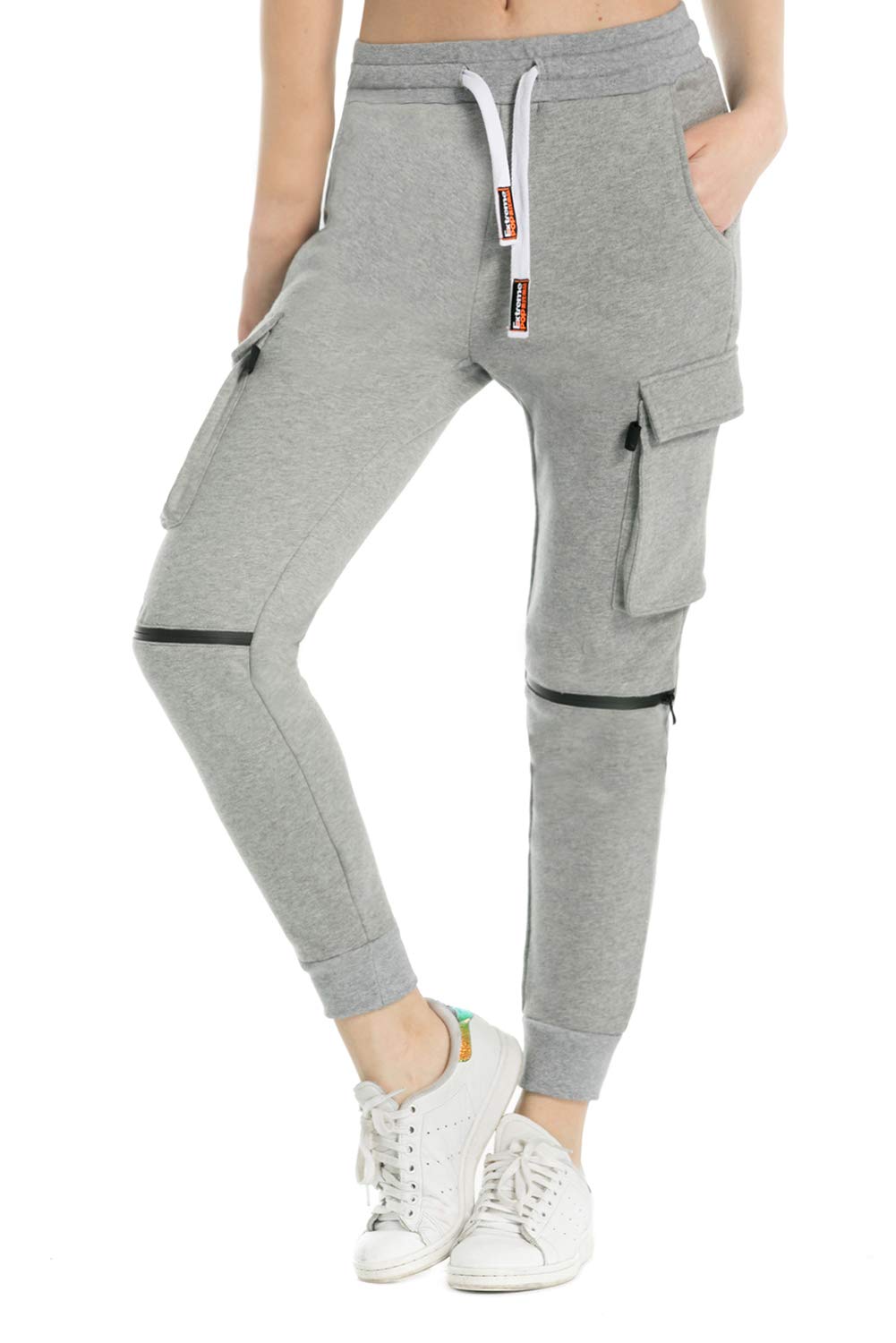 Extreme Pop Damen Jogginghose aus Reiner Baumwolle Slim Fit Jogger French Terry Knit Cargo Pants Farben Schwarz Grau Blau XS-XXL