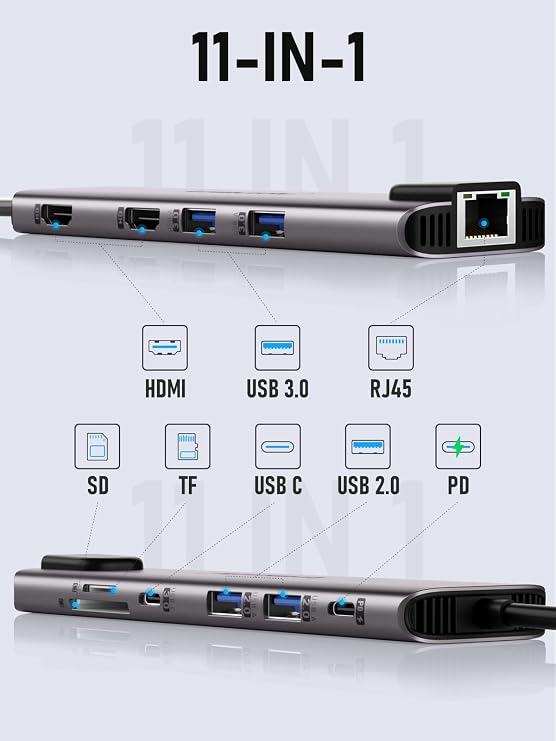 Lemorele USB-C Docking Station 11-in-1 with Dual HDMI Gigabit 100W PD
