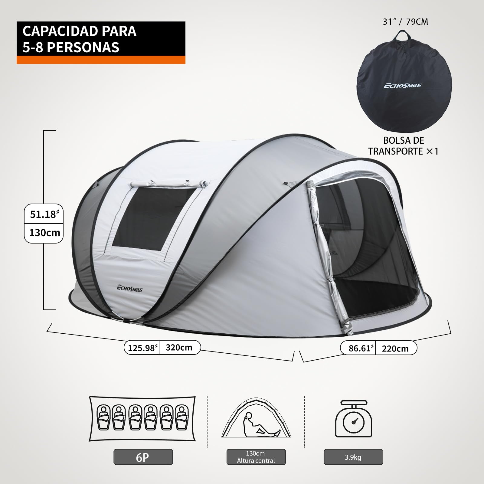 EchoSmile Tienda de Campaña Pop Up para 4-8 Personas-Impermeable, Montaje Rapido, Ultraligera Portátil con 2 Ventanas, para Camping Senderismo Playa
