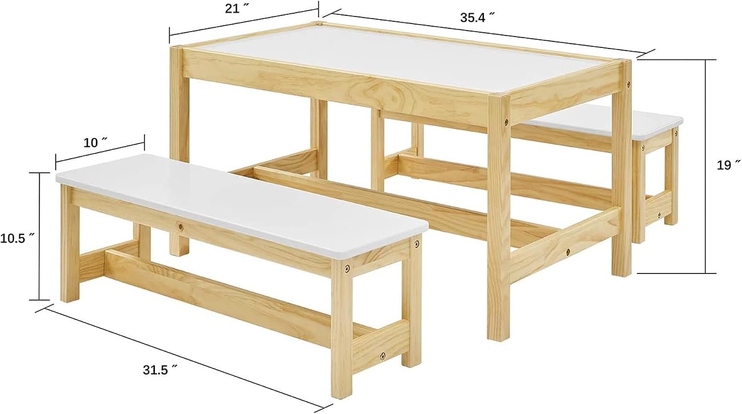 MUSEHOMEINC Activity Table and Bench Set,Drawing and Painting Table for Study,Arts,Craft and Dining.3 in 1 Play Table and Chair Set,Wooden Dining Room,Playroom and Learning Furniture