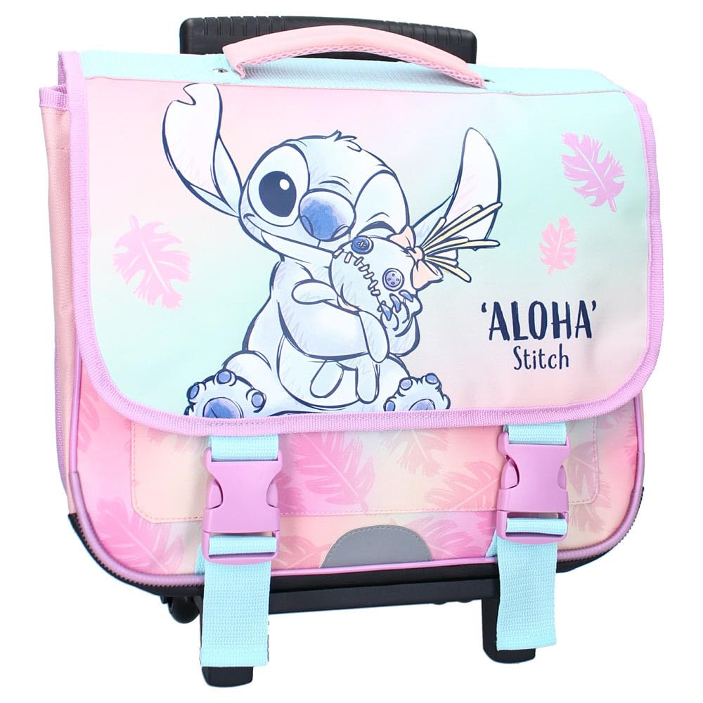 DISNEY STITCH Sac à dos Trolley - Sac à dos pour enfants | école | maternelle - Bretelles rembourrées et réglables - 2 roues et poignée extensible - 38 x 31 x 15 cm - Couleur rose