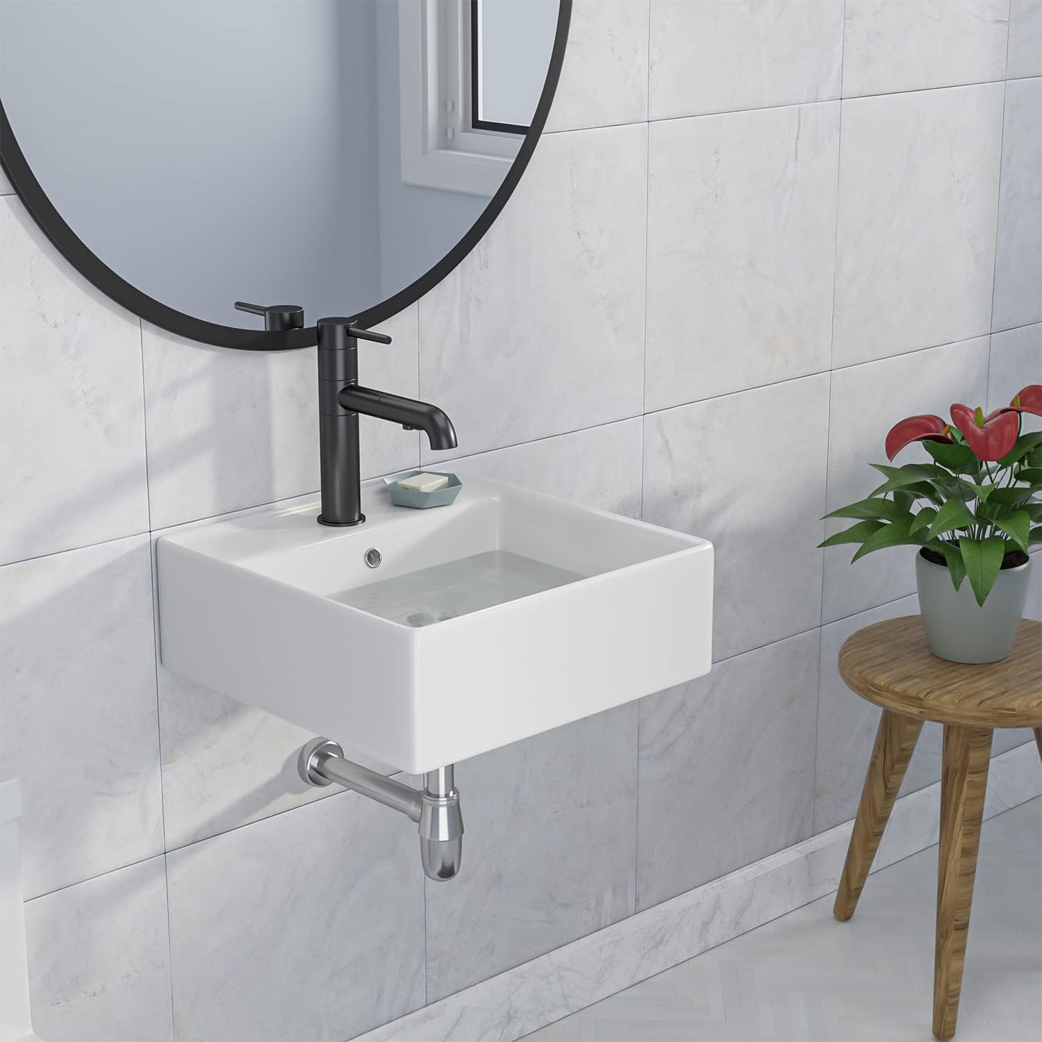 Wall Mounted Vessel Sink 18"x18" Ceramic Floating Bathroom Sink Modern Porcelain Floating Wash Hand Basin Vanity Sink