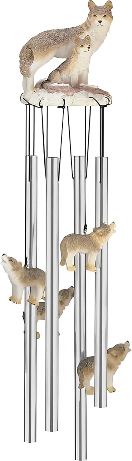 2-PC Gift Set ICE ARMOR 23" Long Wolf Family Round Top Wind Chime Figurine Statue Sculpture Ornament Decoration Home/Room/Garden Decor for Housewarming, Holidays, Christmas Special