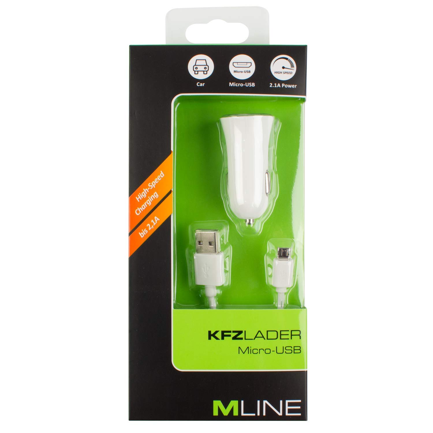 MLINEIn-car charger 1x USB 2.1 A and double-sided data and charging cable for micro USB White