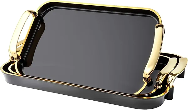Aayoruro Serving Tray with Handles Set of 3 Rectangular Large Serving Platters 16.5/14.9/13.2 Inch White Plates for Dinner, Party, Entertaining, Black Gold