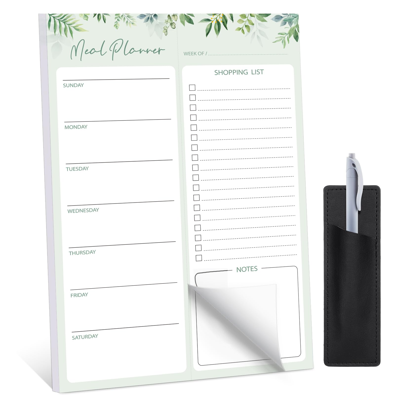 60 Sheets Meal Planner for fridge with Pen Holder, 7x10'' Magnetic Grocery List Undated Weekly Meal Planners with Tear off Shopping List, Green Leaf