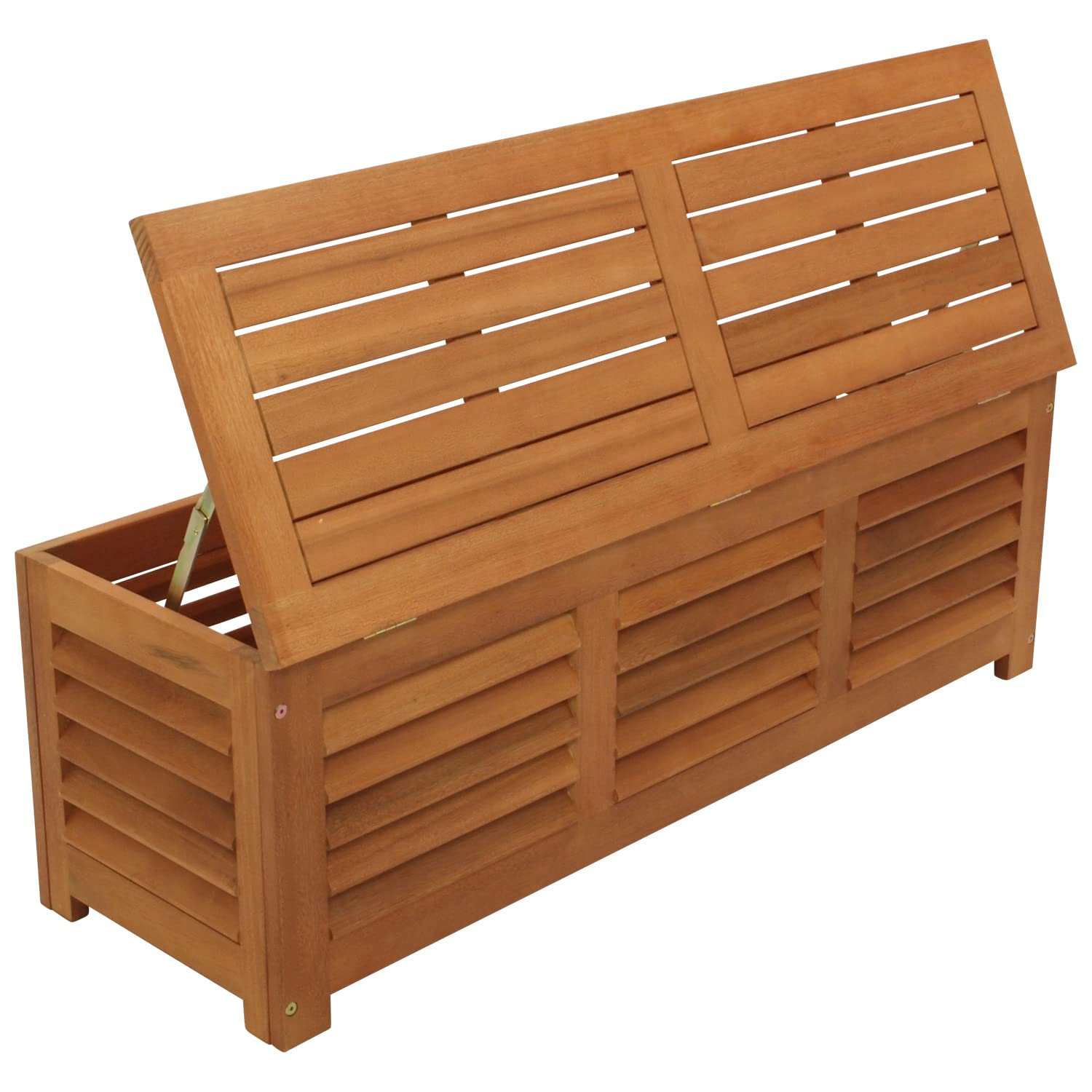 DEGAMO Kissenbox Kissentruhe mit Deckel 128 x 42 x 43,5 cm, Eukalyptus Holz braun geölt, mit Auflage grau, FSC®-Zertifiziert