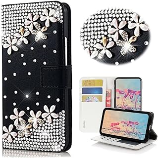 STENES Bling Wallet Phone Case Compatible with Samsung Galaxy Z Fold 4 5G - Stylish - 3D Handmade Flowers Floral Design Leather Cover with Neck Strap Lanyard & Screen Protector - Black