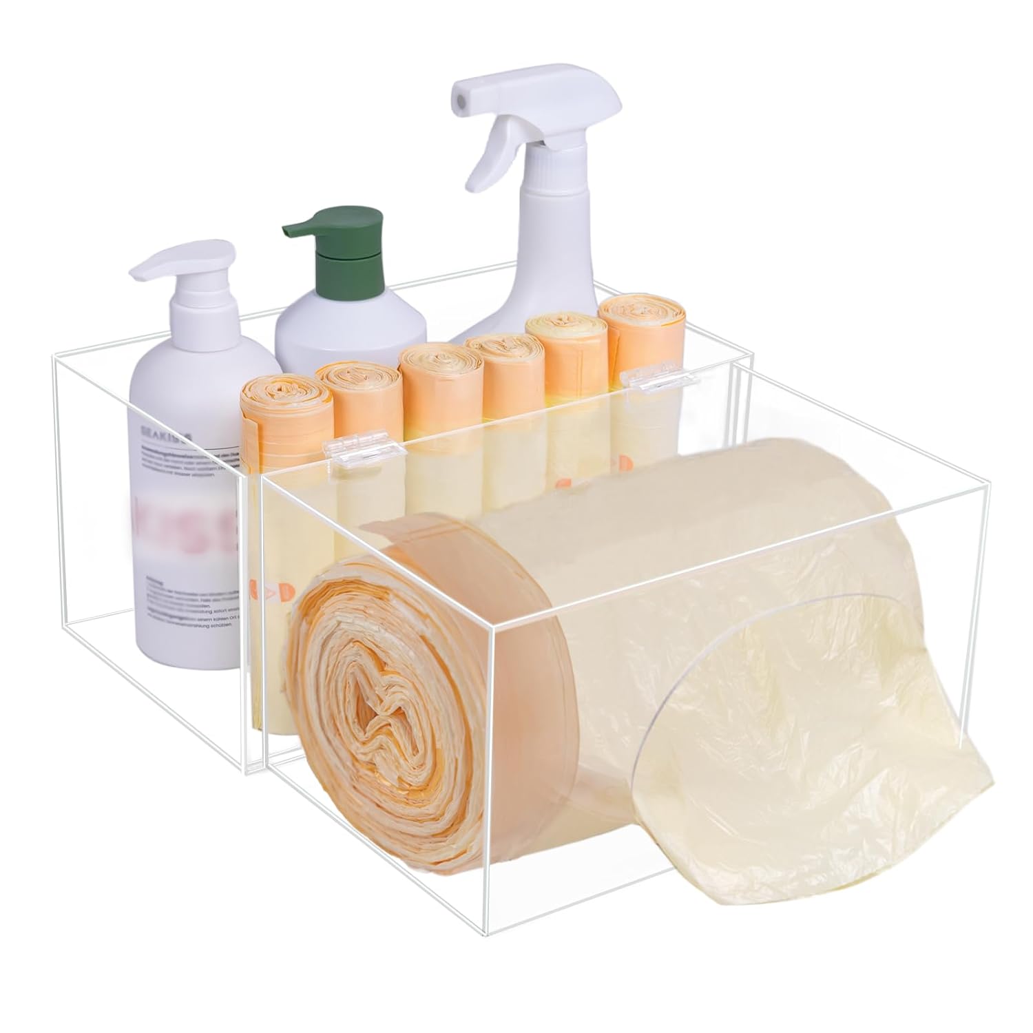 Acrylic Trash Bag Dispenser,for 10/30/33 Gallon Garbage Bag,9.45 * 13.38 * 5.51 in,2 in 1 Extra Large Organizer for Garbage Bag, Bathroom Amenities Storage Holder with Lid