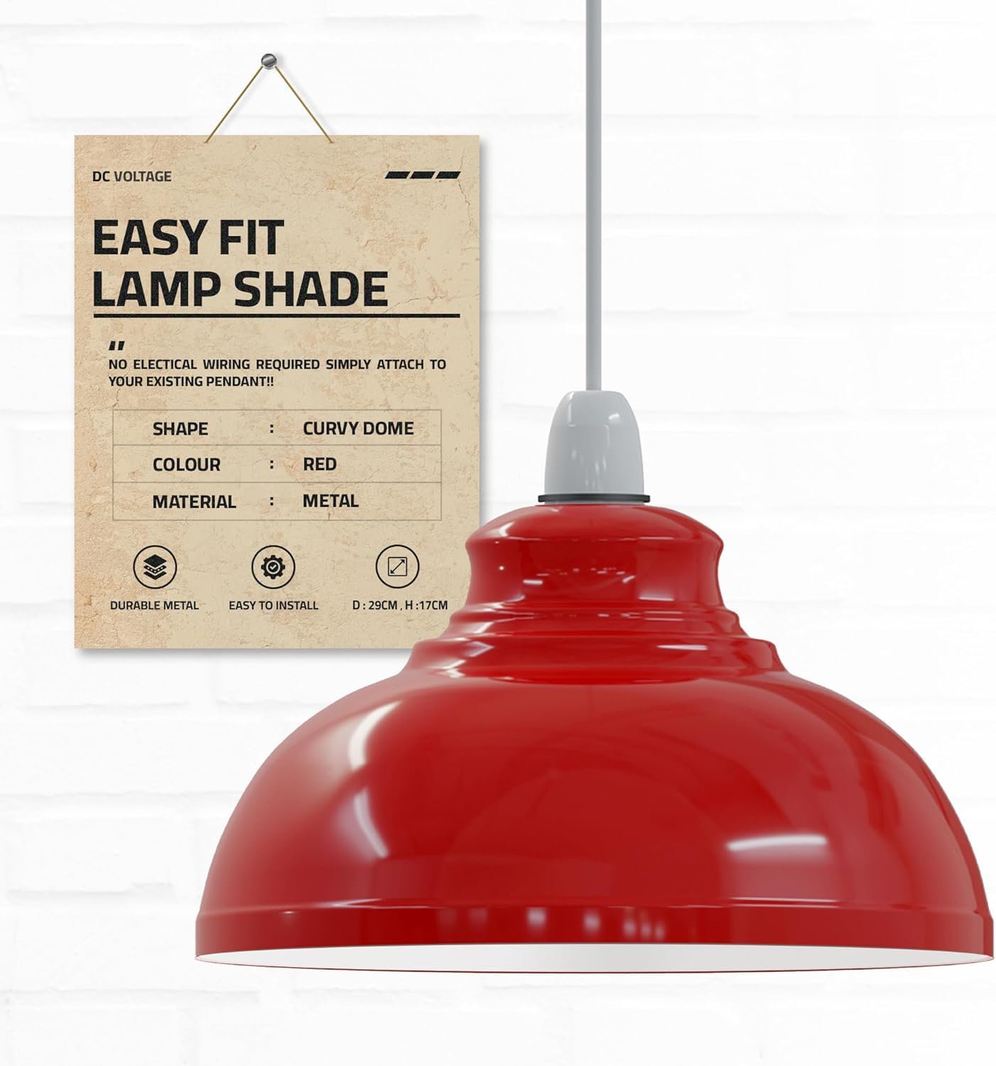 Dc Voltage Red Industrial Ceiling Pendant Light Shades Retro Style Curvy Dome Shaped Lamp Shades Metal Easy Fit Ceiling Pendant Light Shades For Light Fixtures (Red)