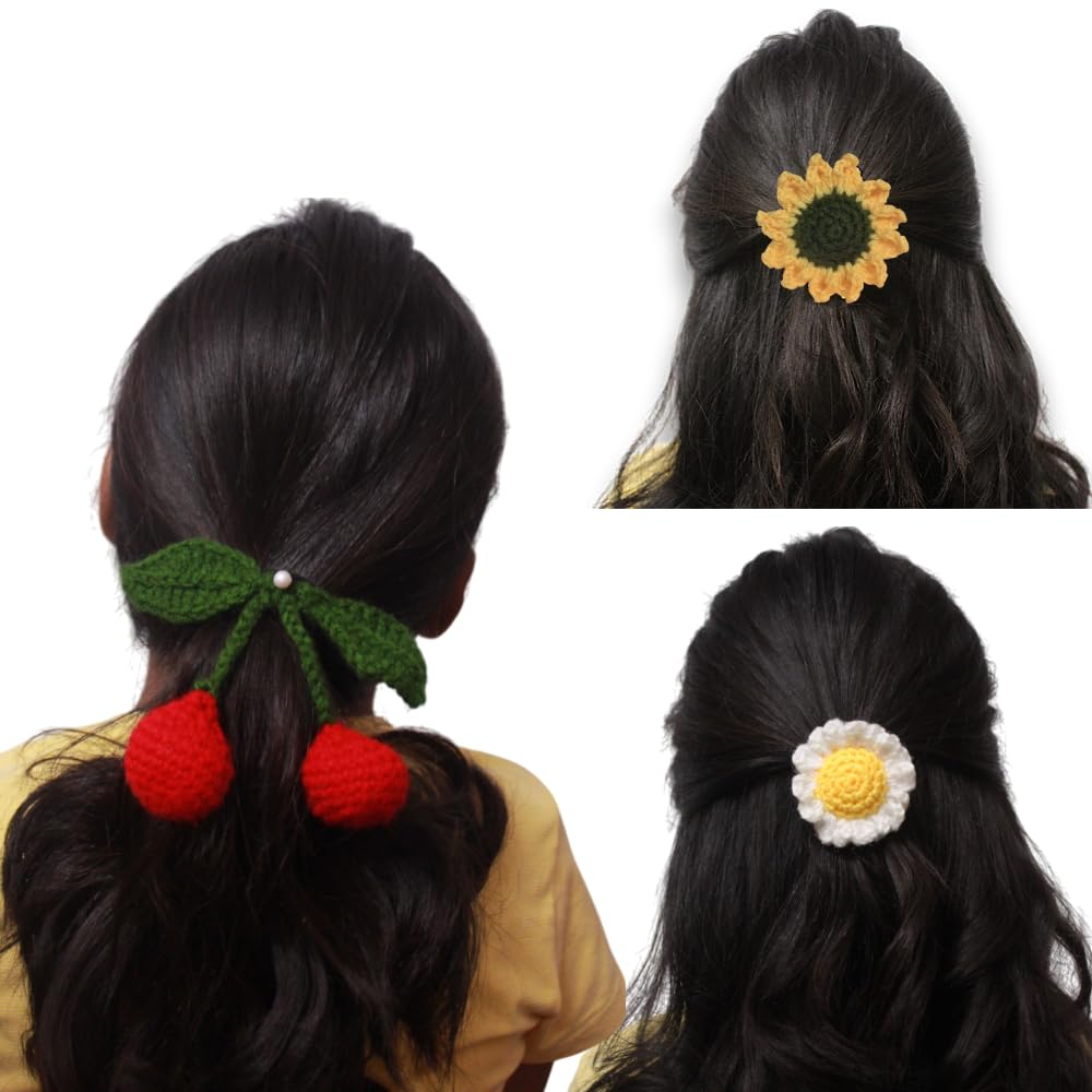 Laveni Creations Hand-Woven Crochet Hair Accessories Combo – Set of 3 Cute Rubber Bands (Cherry, Sunflower & Daisy)-image-7