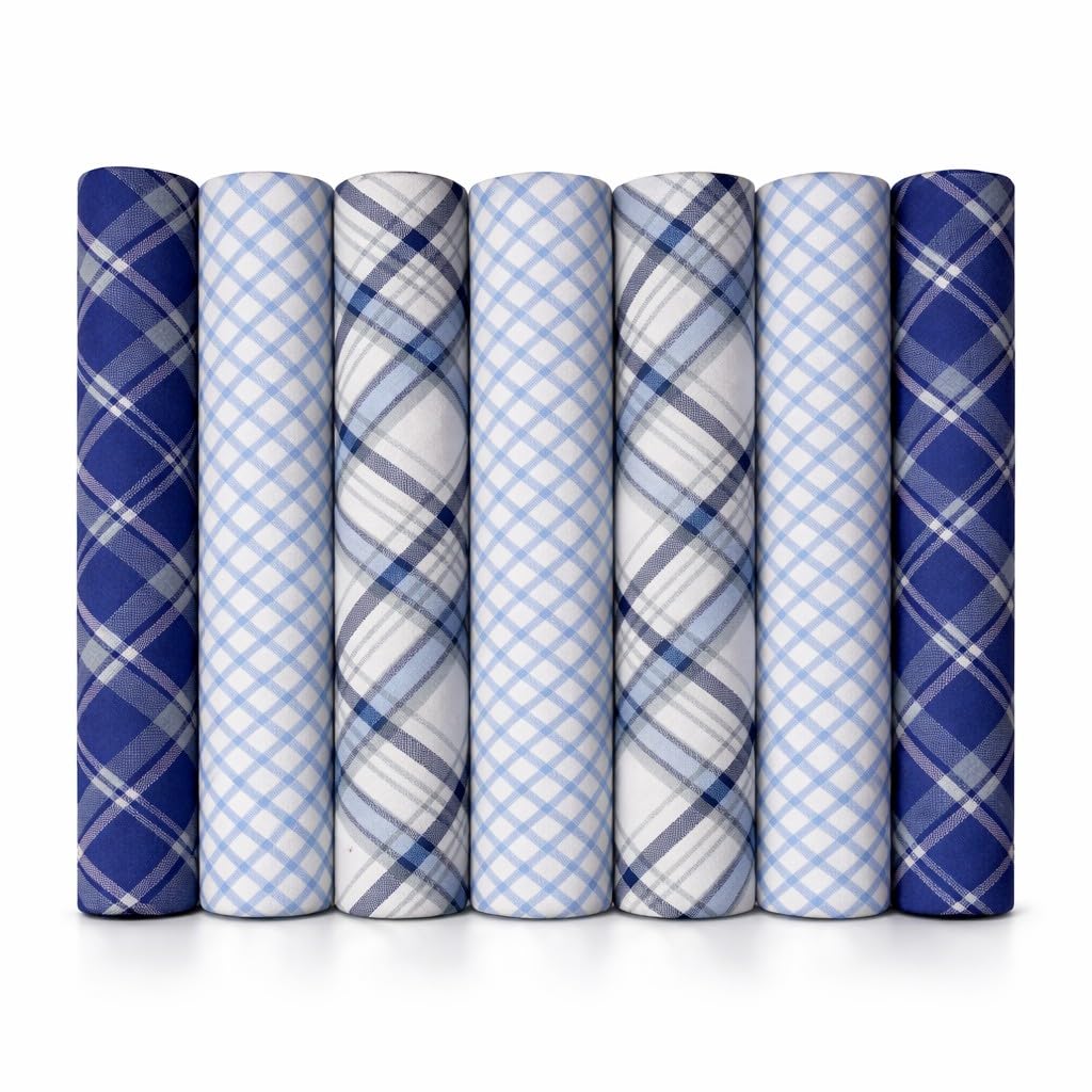 Mandittions Men's 1 Pk 7 Mixed Blue Checked Hankies Pack Of 7 White Cotton Handkerchiefs With Mixed Blue Checks