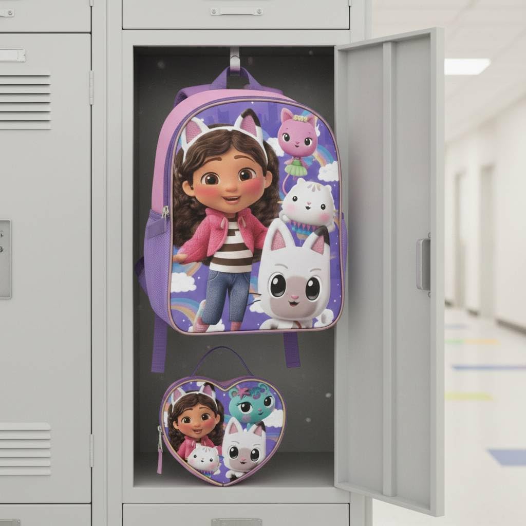 Fast Forward Gabby's Dollhouse 16" Backpacks With Lunch Bag - Licensed Characters Kids Schoolbag
