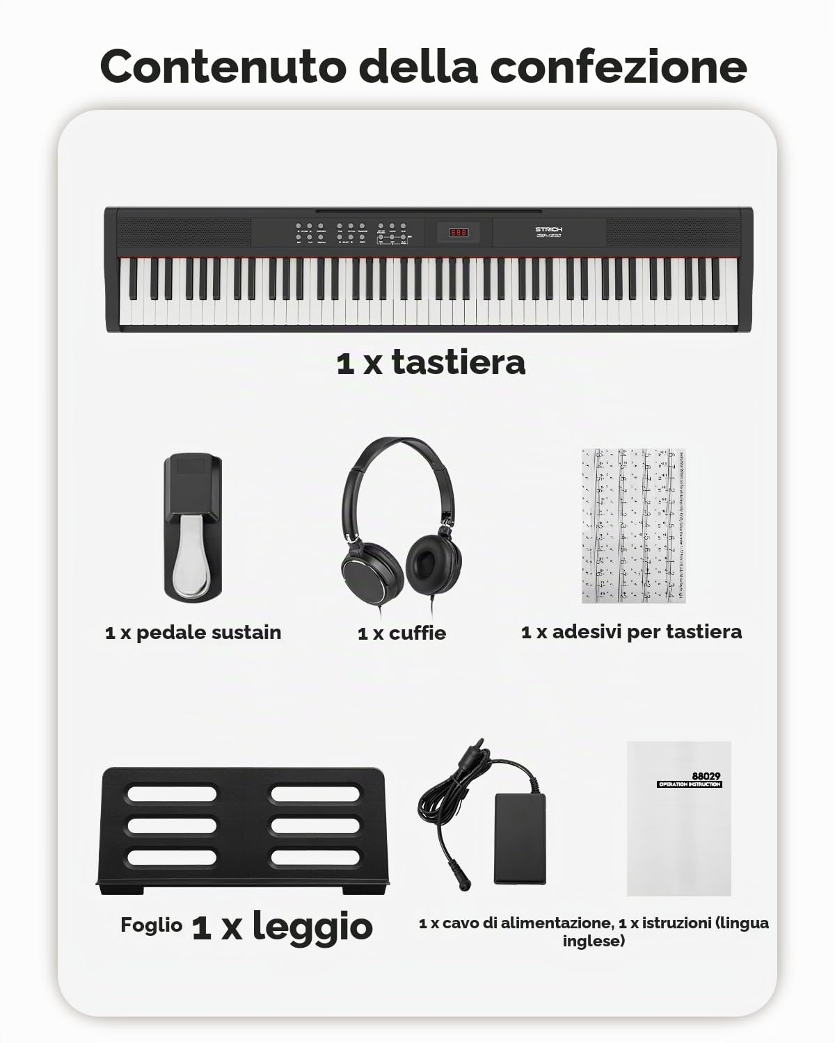 STRICH Tastiera elettrica digitale a 88 tasti con tasti semi-ponderati sensibili, set di pianoforte elettrico portatile per principianti, pacchetto con pedale Sustain, cuffie, supporto musicale, SEP