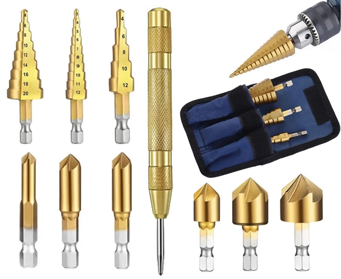 10 Pack Drill Bit Set with Bag, Woodworking Chamfer Drilling Tool Kit, Including Titanium Coated Step Drill Bit, Countersink Drill Bits, Drill Bits for Metalworking, Woodworking, Hole Drilling