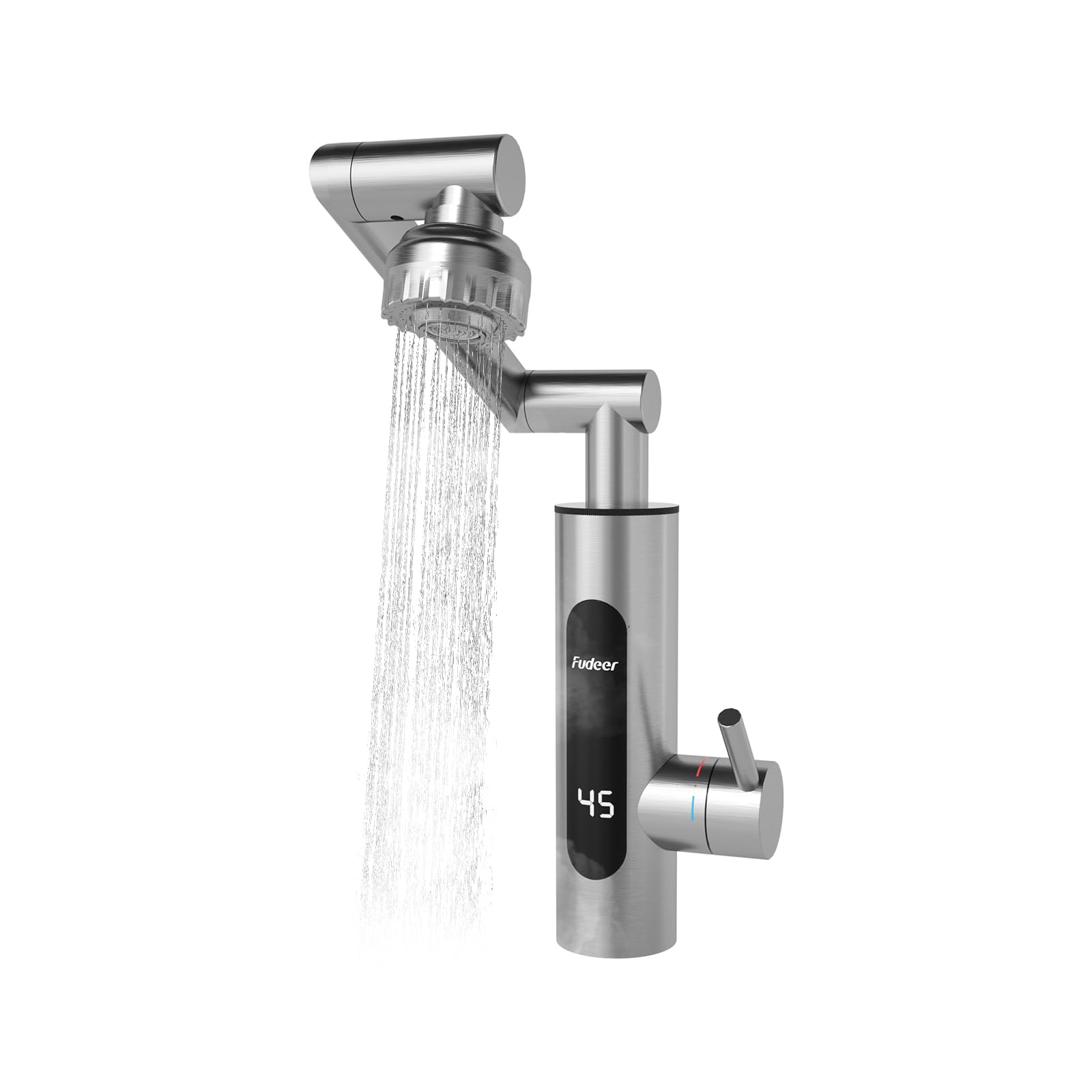 Fudeer 220V Stainless Steel Electric Instant Hot Water Faucet, 3.3kW Fast-Heating Kitchen & Bathroom Tap with 2 Spray Modes, 1080° Swivel, Digital Temperature Display 30-45℃(Silver)