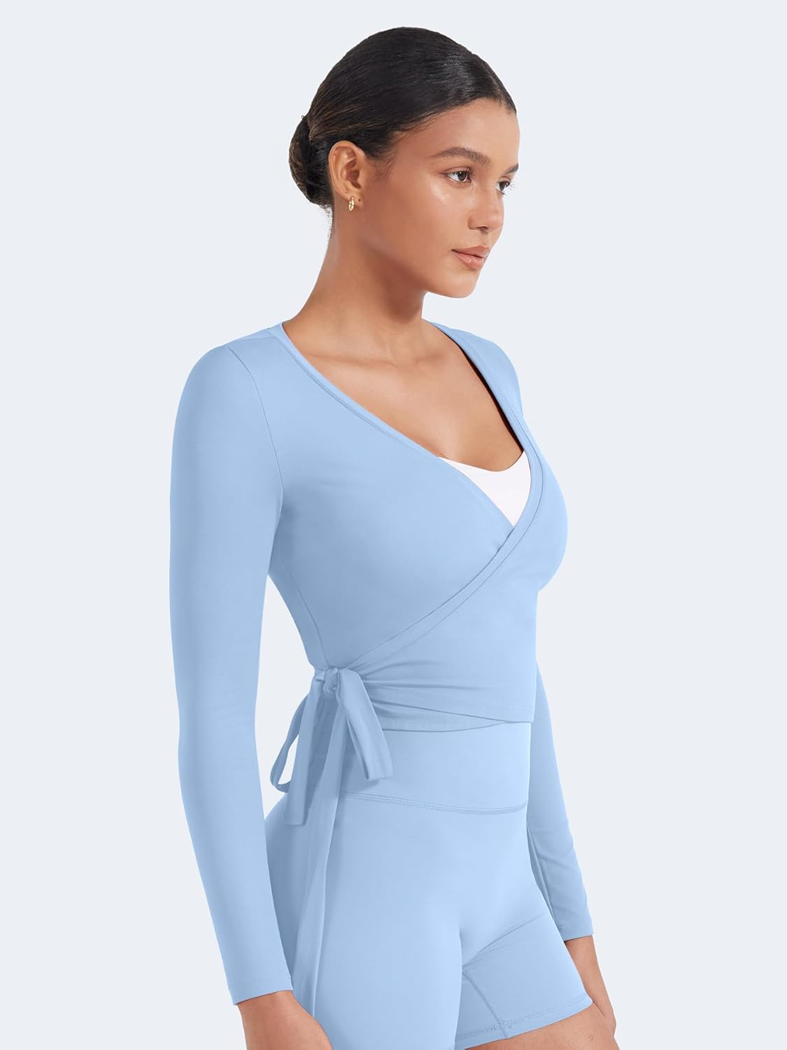 YEOREO Women Pilates Wrap Top Long Sleeve Tie Ballet Workout Yoga Shirt Michelie Y2K V Neck Cropped Tops