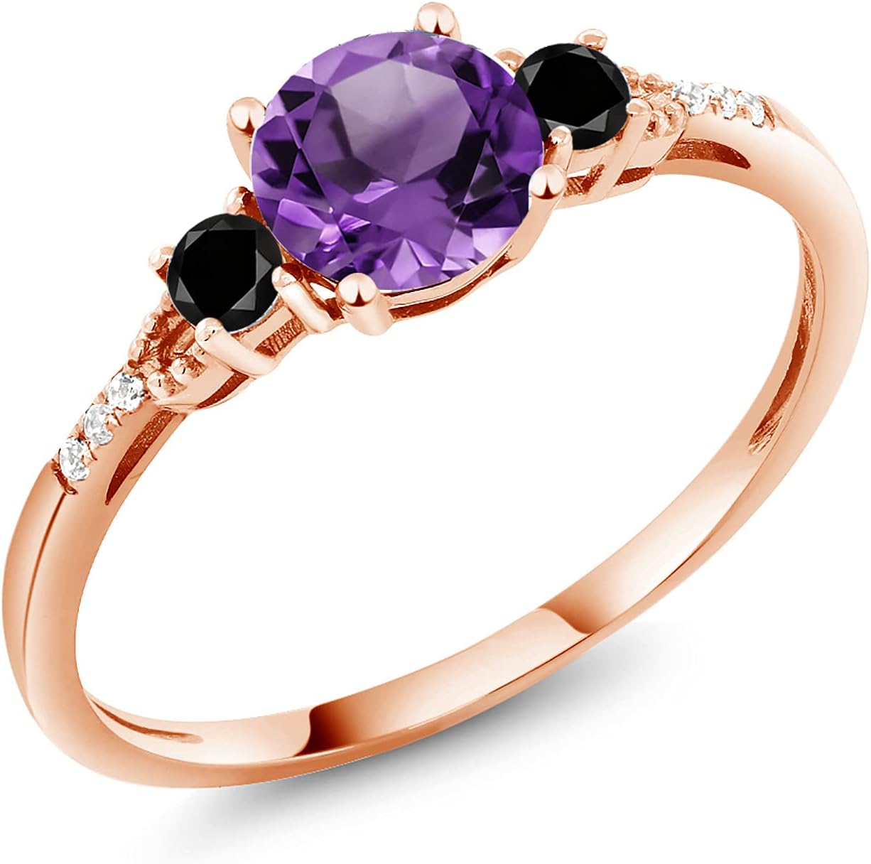 Gem Stone King 10K Rose Gold Purple Amethyst Black Diamond and White Diamond Accent 3-Stone Engagement Ring For Women | 0.87 Cttw | Gemstone Birthstone | Round 6MM & 2.5MM