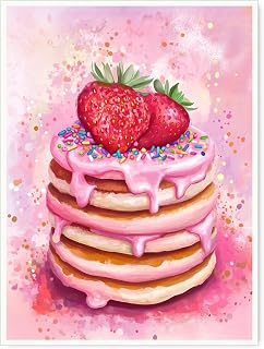Pink Pancakes Wall Art Vintage Breakfast Poster with Strawberries and Sprinkles for Kitchen or Foodie Room Cute Retro Decor-11x14Inch Ready to Hang (Unframed)