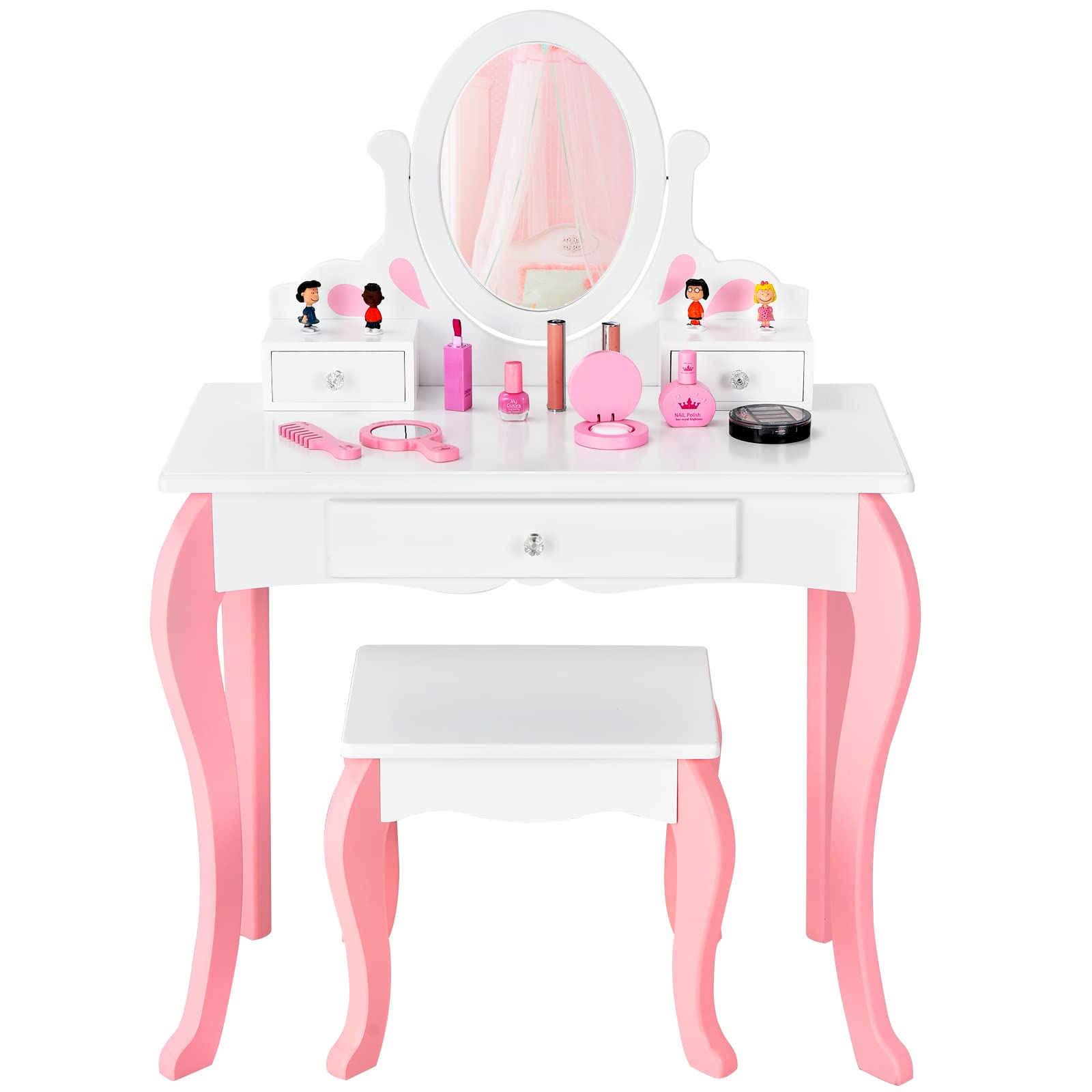 DREAMADE 2 in 1 Kinder Schminktisch mit Hocker & Abnehmbarer Spiegel, Prinzessin Frisiertisch Kosmetiktisch aus Holz, Kinderschminktisch mit 3 Schubladen für Kinder Mädchen ab 3 (Weiß)