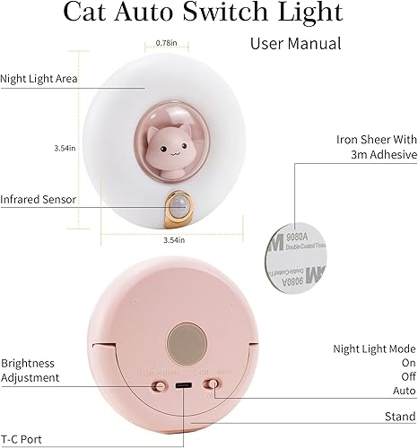 Miniatura 6 de Luz nocturna de gato rosa, luz con sensor de movimiento, luz nocturna magnética recargable inalámbrica para niños, lámpara de gato de brillo