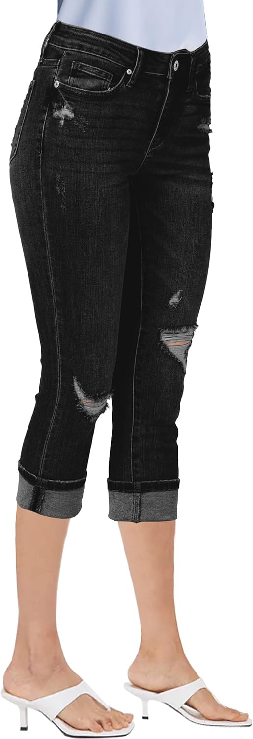 luvamia Capri Jeans for Women Stretch High Waisted Distressed Denim Capris Ripped Skinny Cropped Pants - Image 6