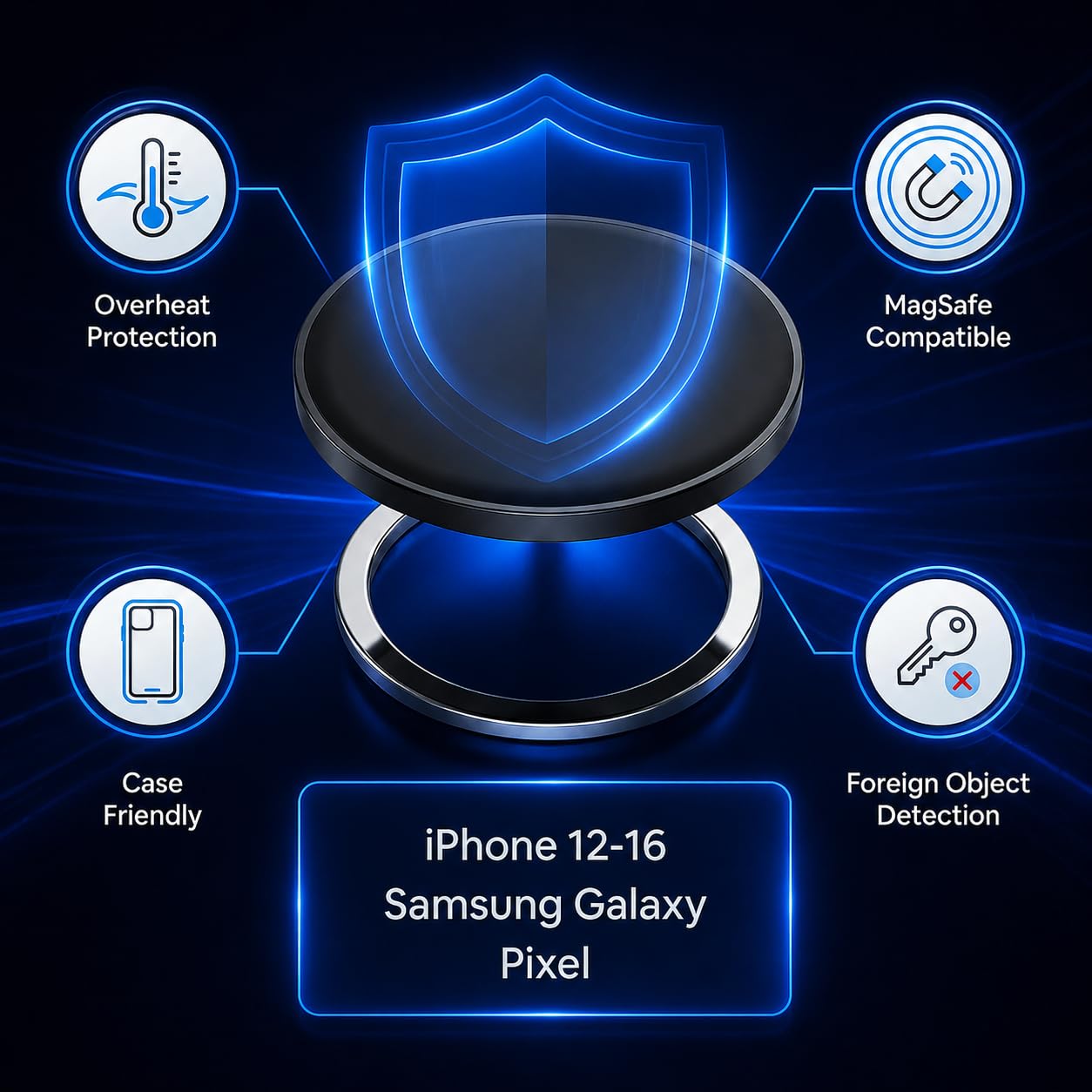 Cargador inalámbrico para iPhone, AirPods, tarjeta de seguimiento de 15 W, entrada plana de carga rápida tipo C, protección de seguridad inteligente (1, negro)
