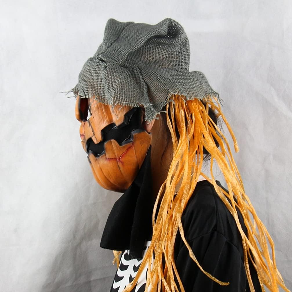 Pumpkin Halloween Creepy Scary Horror Novelty Latex Pumpkin Scarecrow Head Costume Masquerade Halloween Party Props with Hat : Sports & Outdoors