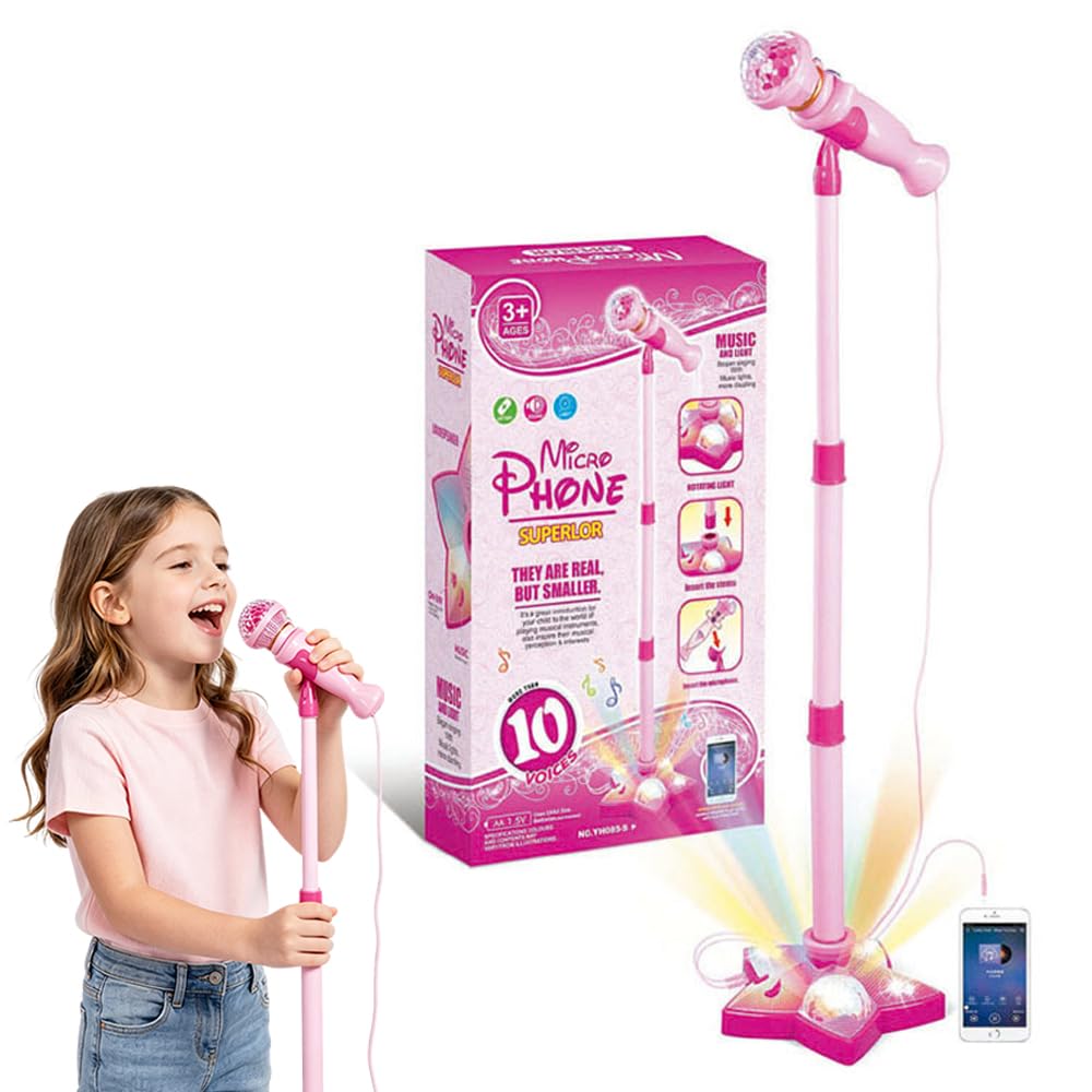 NKFBEV Kids Microphone and Stand, Kids Karaoke Machine with Flashing Stage Lights, Adjustable Height Kids Microphone with Stand, Sing Musical Toy for Girls Boys Birthday (Pink)